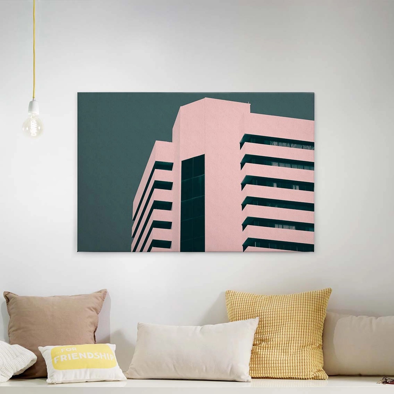 Bricoflor Leinwand Bild Mit Wolkenkratzer In Grün Und Rosa Modernes Wandbild Mit Architektur Design Keilrahmen Bild Im Grafik Stil Für Büro