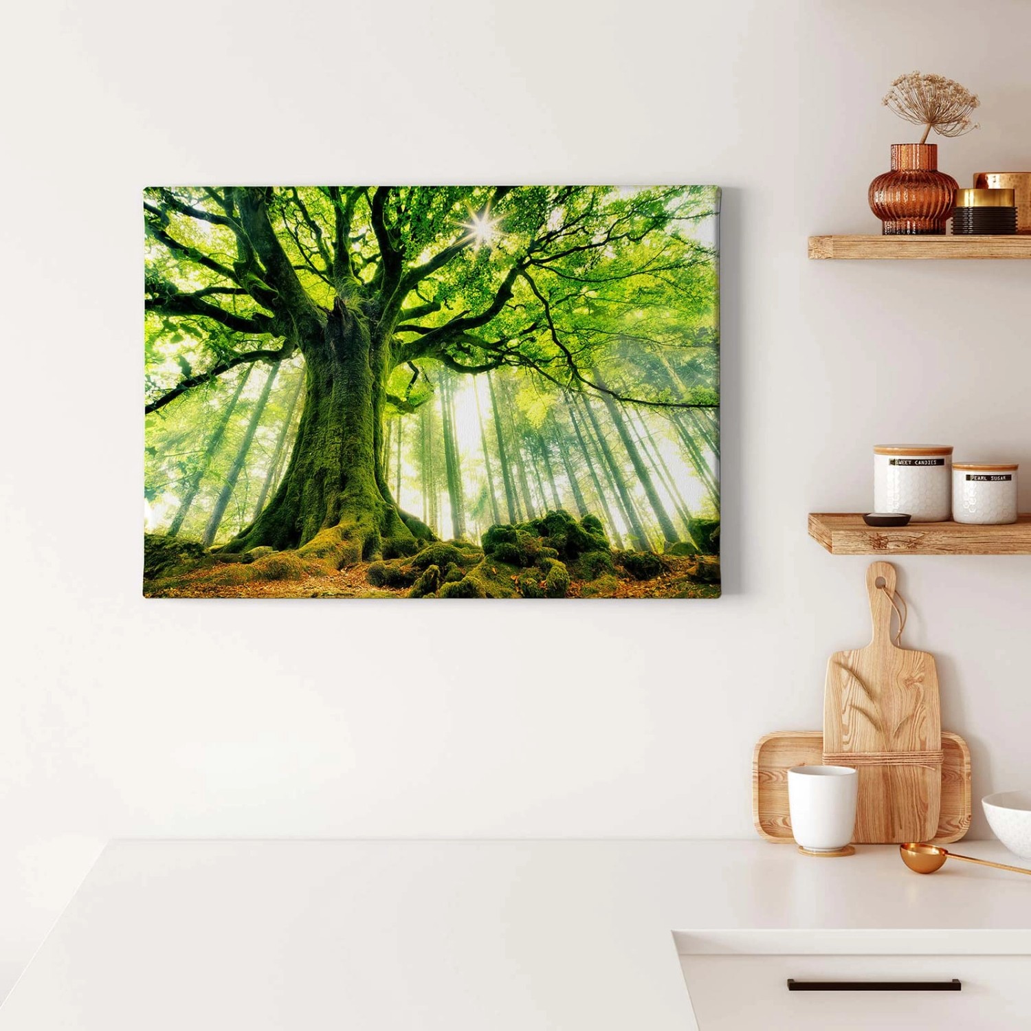 Bricoflor Bild Mit Wald Und Sonnenstrahlen Baum Wandbild In Grün Leinwand Bild Mit Baumkrone Ideal Für Badezimmer Und Schlafzimmer