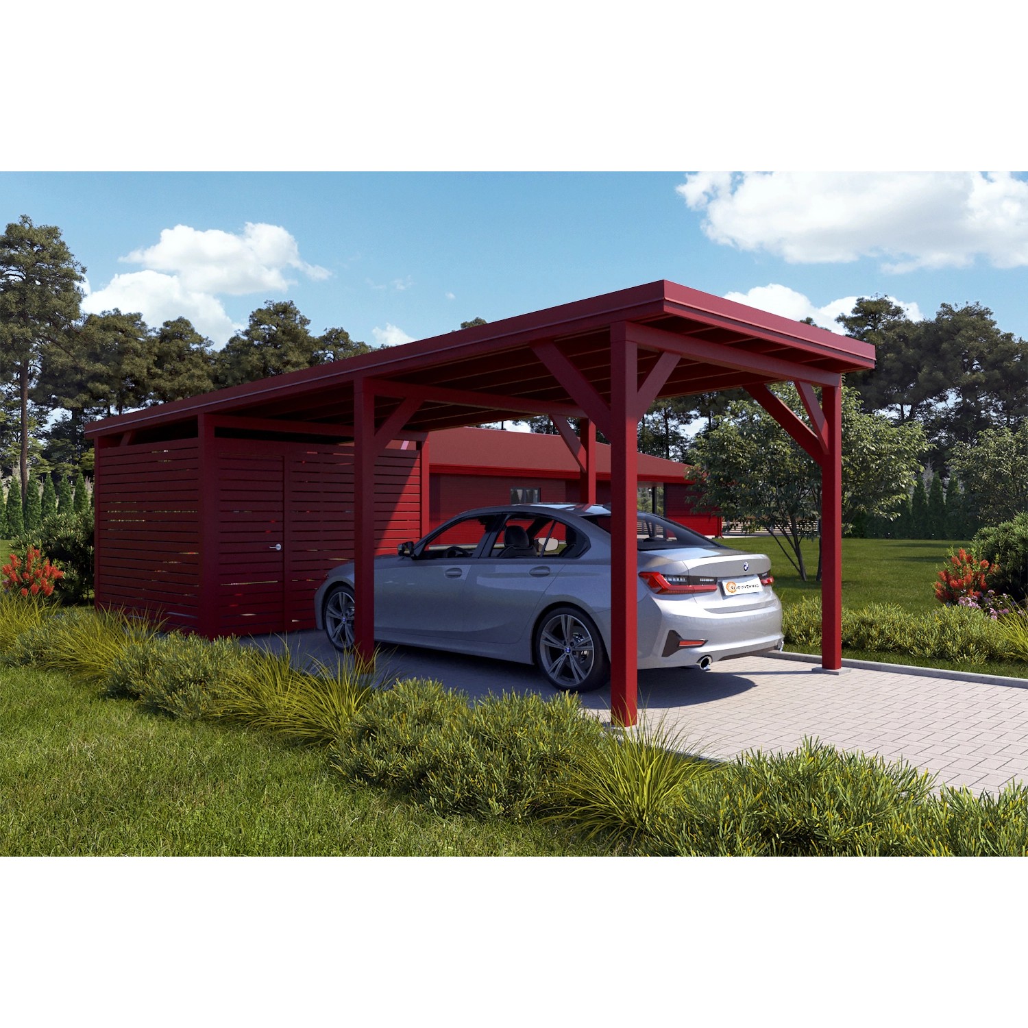 Holzbrüder Carport Ralf 26m² mit Geräteraum Oxidrot-Rot