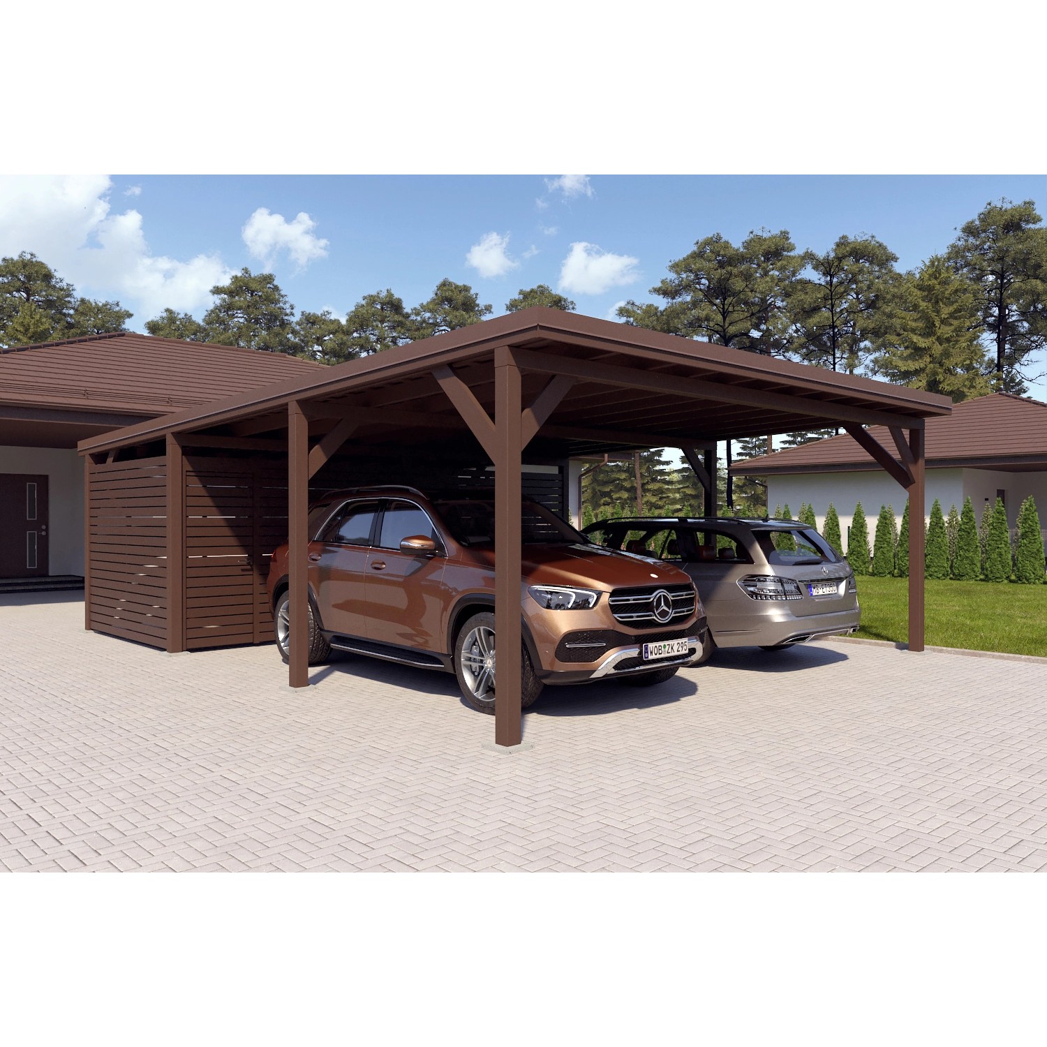 Holzbrüder Carport Ralf 52m² mit Geräteraum Graubraun-Dunkelbraun