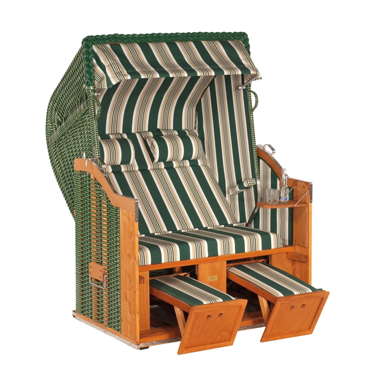Natur24 Strandkorb Classic Halbliegemodell 2-Sitzer Grün mit beigen Nadelstreifen