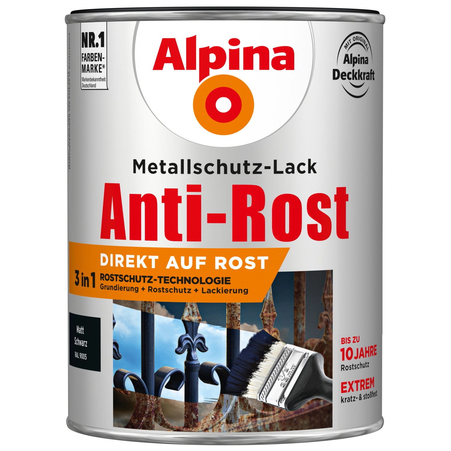 Alpina Metallschutz-Lack Anti-Rost Schwarz matt 2,5 l