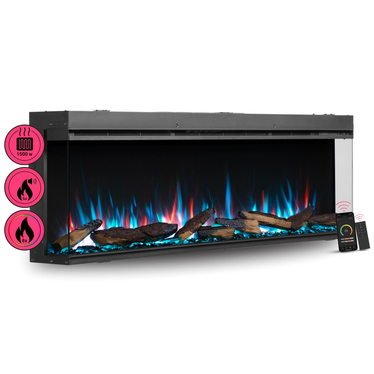 BALDERIA AH-60 Elektrokamin Einbaukamin Heizung 3D-Flammeneffekt Wifi App Schwarz