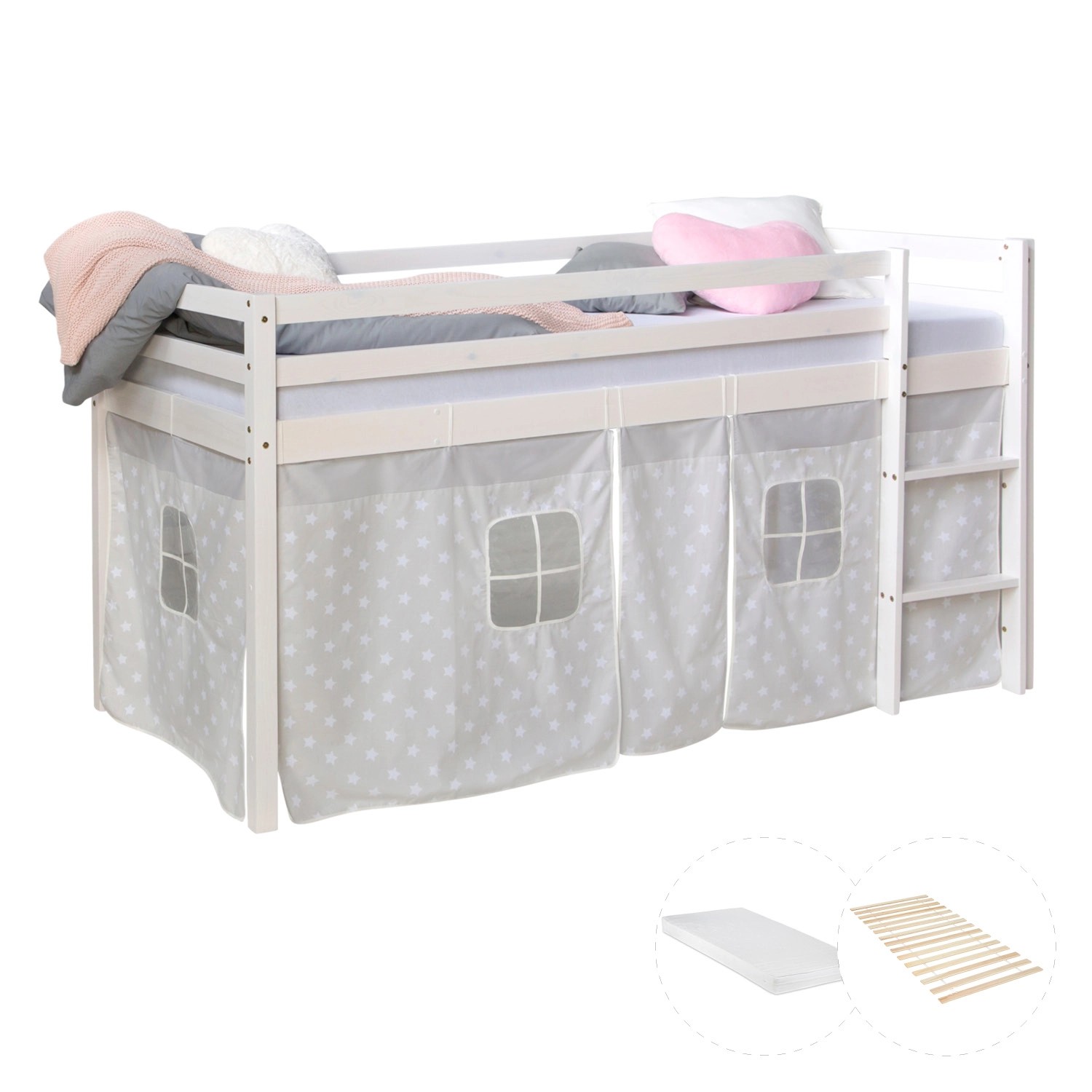 Homestyle4u Hochbett 90x200 Weiß mit Lattenrost und Matratze 2771