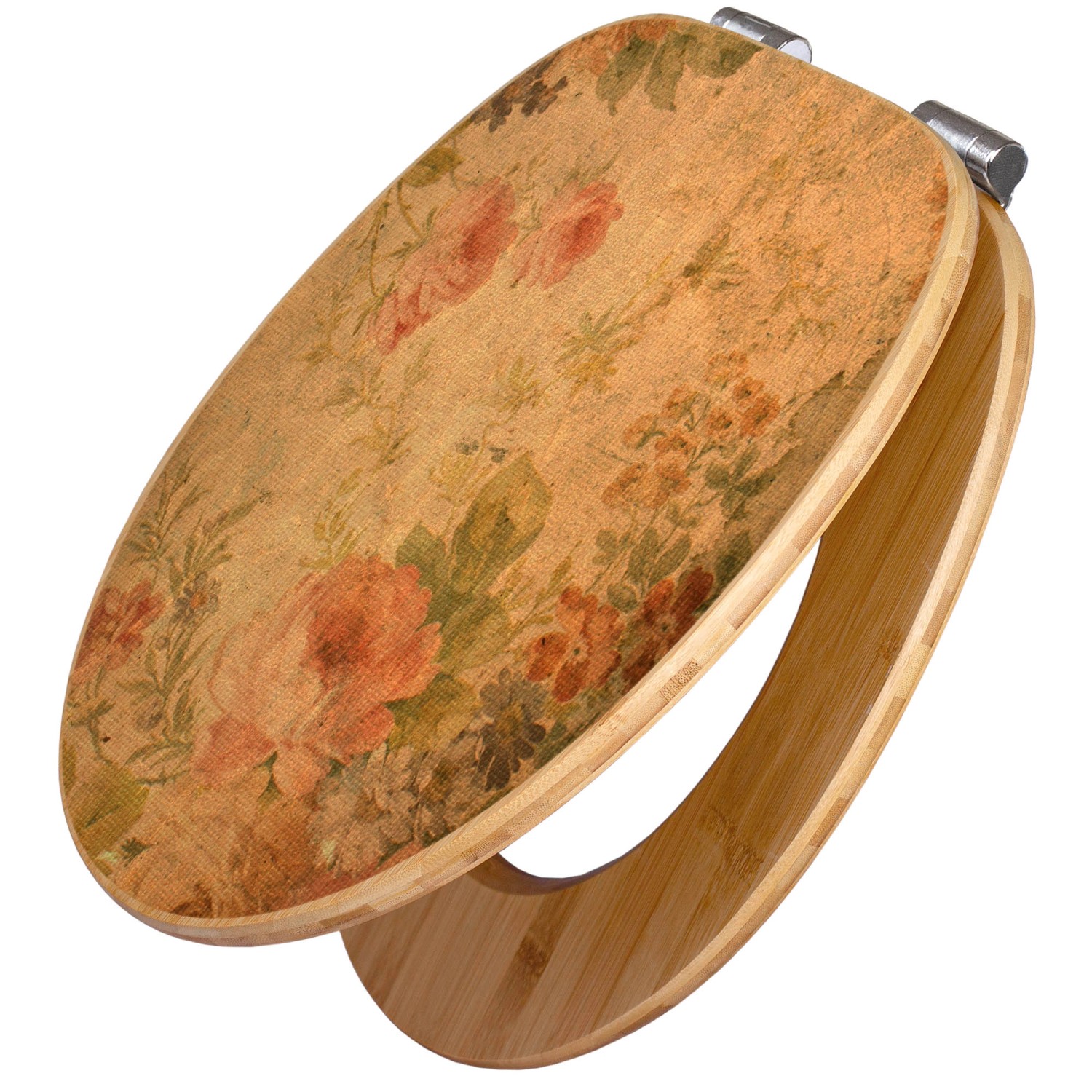 Banjado Design WC Sitz Bambus Holz Toilettendeckel Mit Absenkautomatik Klodeckel WC-Sitz Soft Close Mit Motiv Blumen Antik