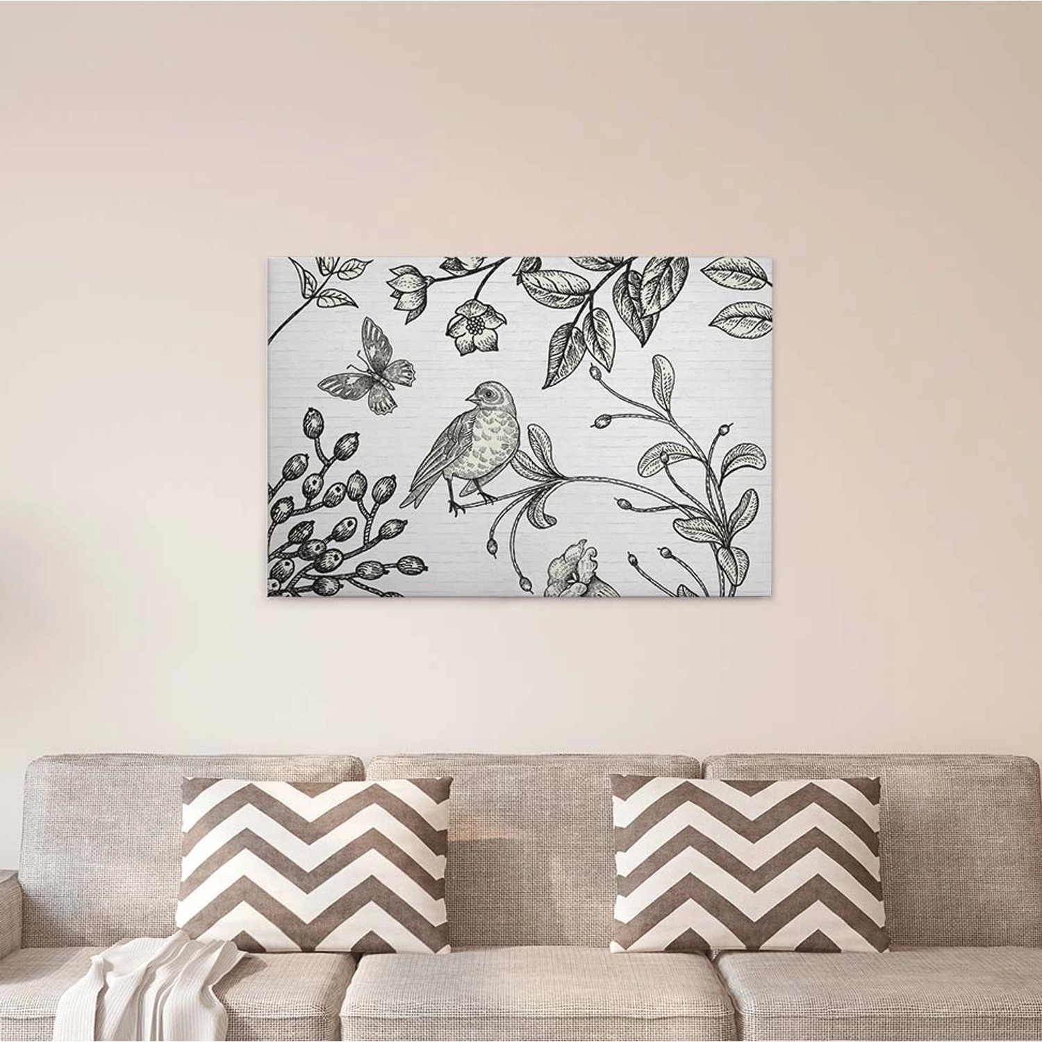 Bricoflor Holzschnitt Bild In Schwarz Weiß Leinwand Bild Mit Gezeichnetem Vogel Und Schmetterling Canvas Keilrahmen Bild In Industrial Steinoptik