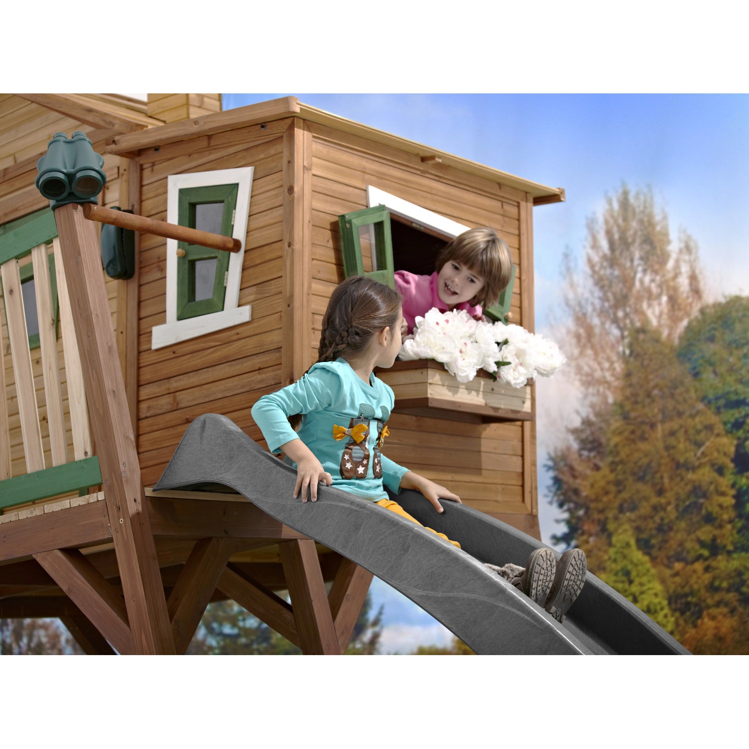 Axi Max Spielhaus Braun - Grün mit Grauer Rutsche 193 x 432 x 288 cm