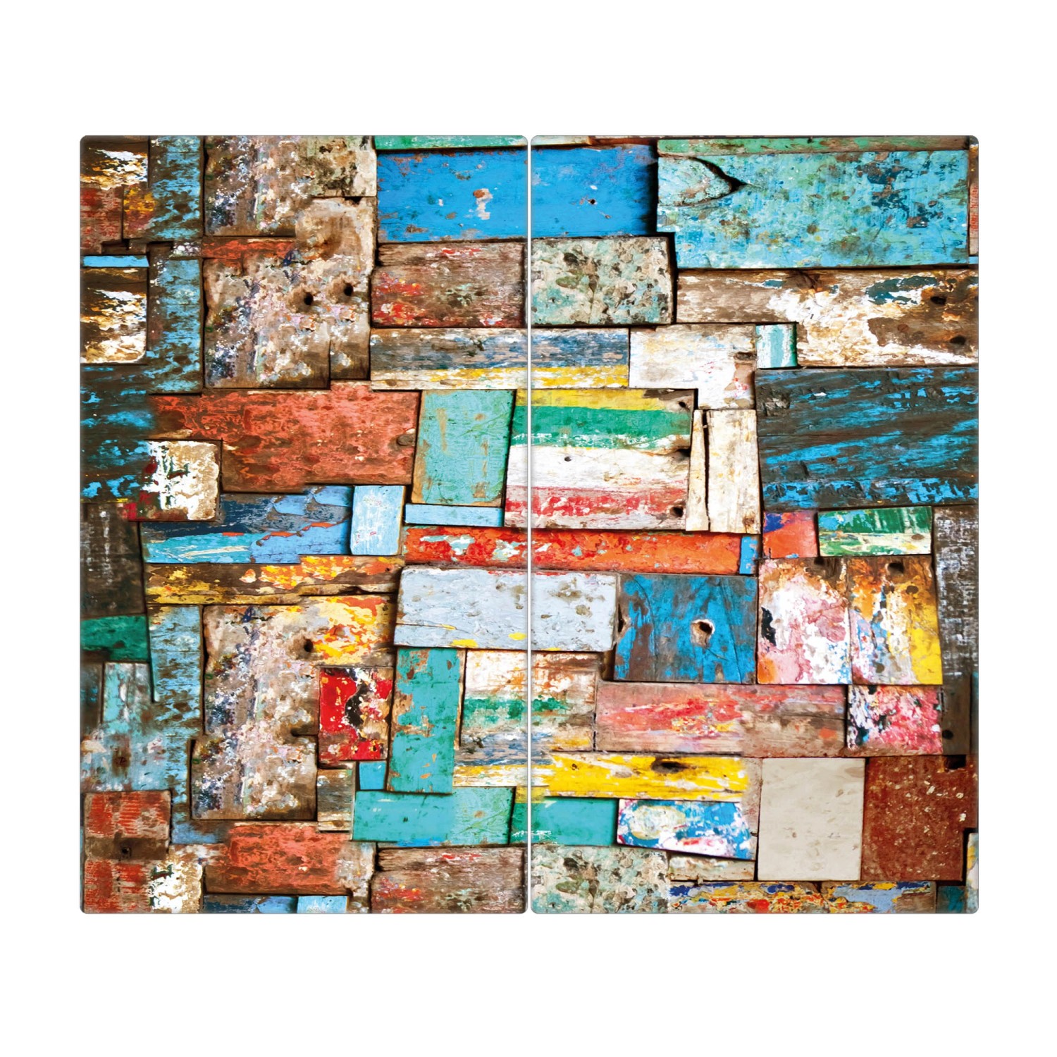 Banjado Herdabdeckplatte Glas 2 Teilig Je 30x52CM Schneidebrett Herdabdeckung Mit Motiv Bunte Holzschindeln