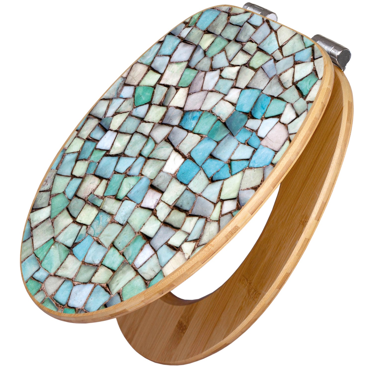 Banjado Design WC Sitz Bambus Holz Toilettendeckel Mit Absenkautomatik Klodeckel WC-Sitz Soft Close Mit Motiv Mosaik Blau