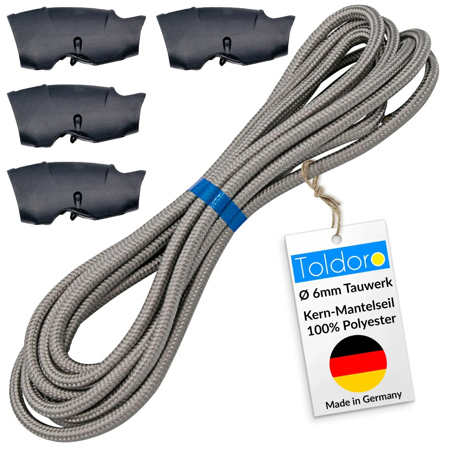 Toldoro Tauwerk Ø 6mm Grau 10m mit 4 Seilklemmen Sonnensegel Seil Aus Polyester mit Reißlast von 800kg Spannseil für Sonnensegel &Flaggen