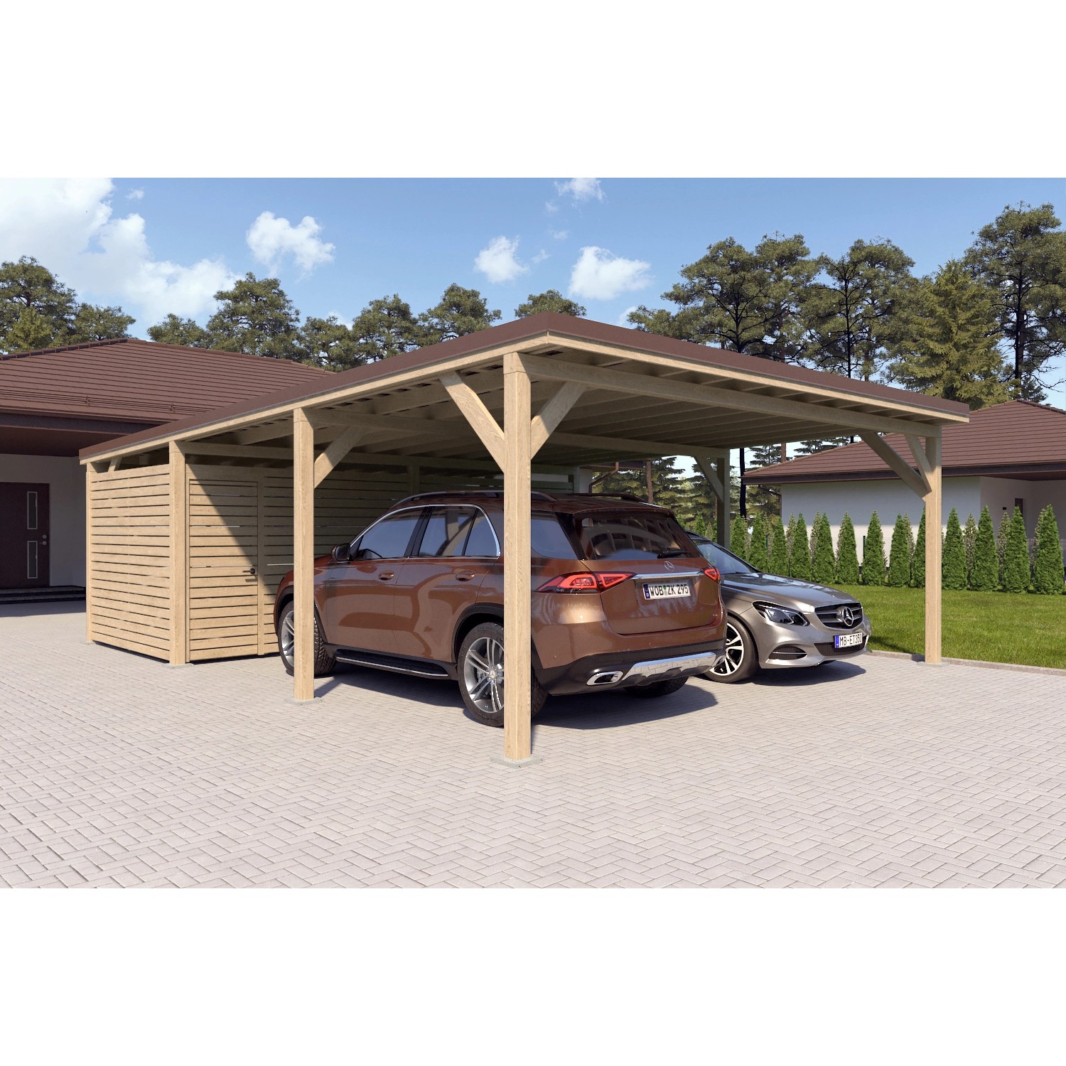 Holzbrüder Carport Ralf 52m² mit Geräteraum Natur-Dunkelbraun