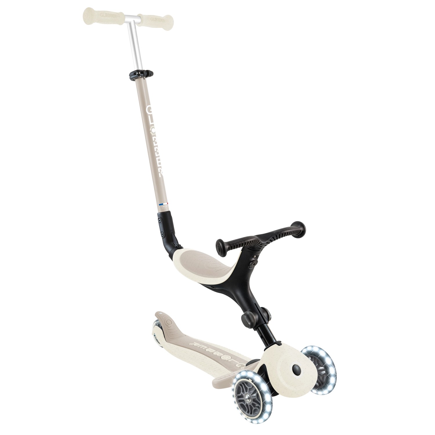 Globber Go-Up Active Lights 3 in 1 Dreirad Laufrad und Scooter 120/80 mm 3-Rädrig Höhenverstellbar Kokos Weiß