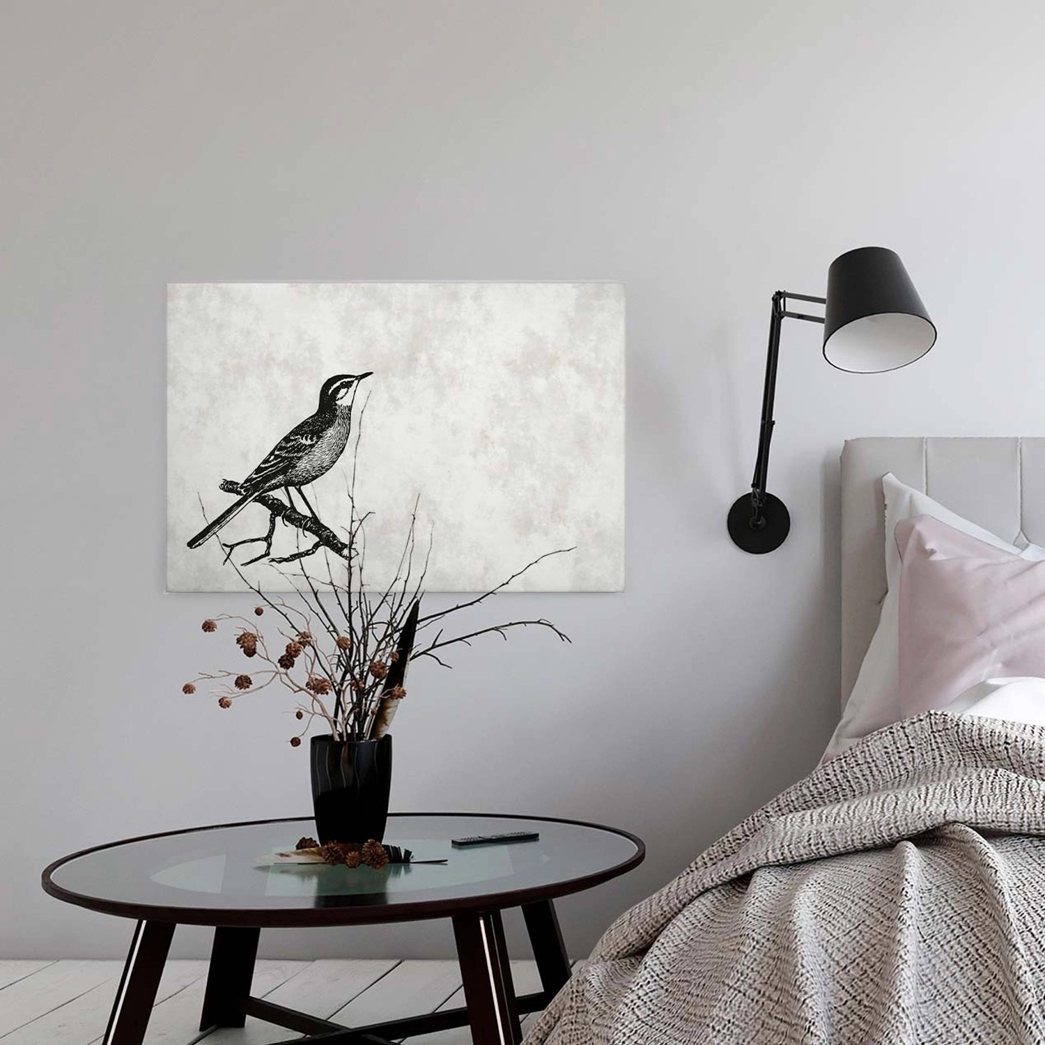 Bricoflor Bild Mit Vogel Schwarz Weiß Gezeichnet Büro Und Schlafzimmer Leinwand Bild In Betonoptik Modernes Wandbild Mit Vogel Design Im Botanik Stil