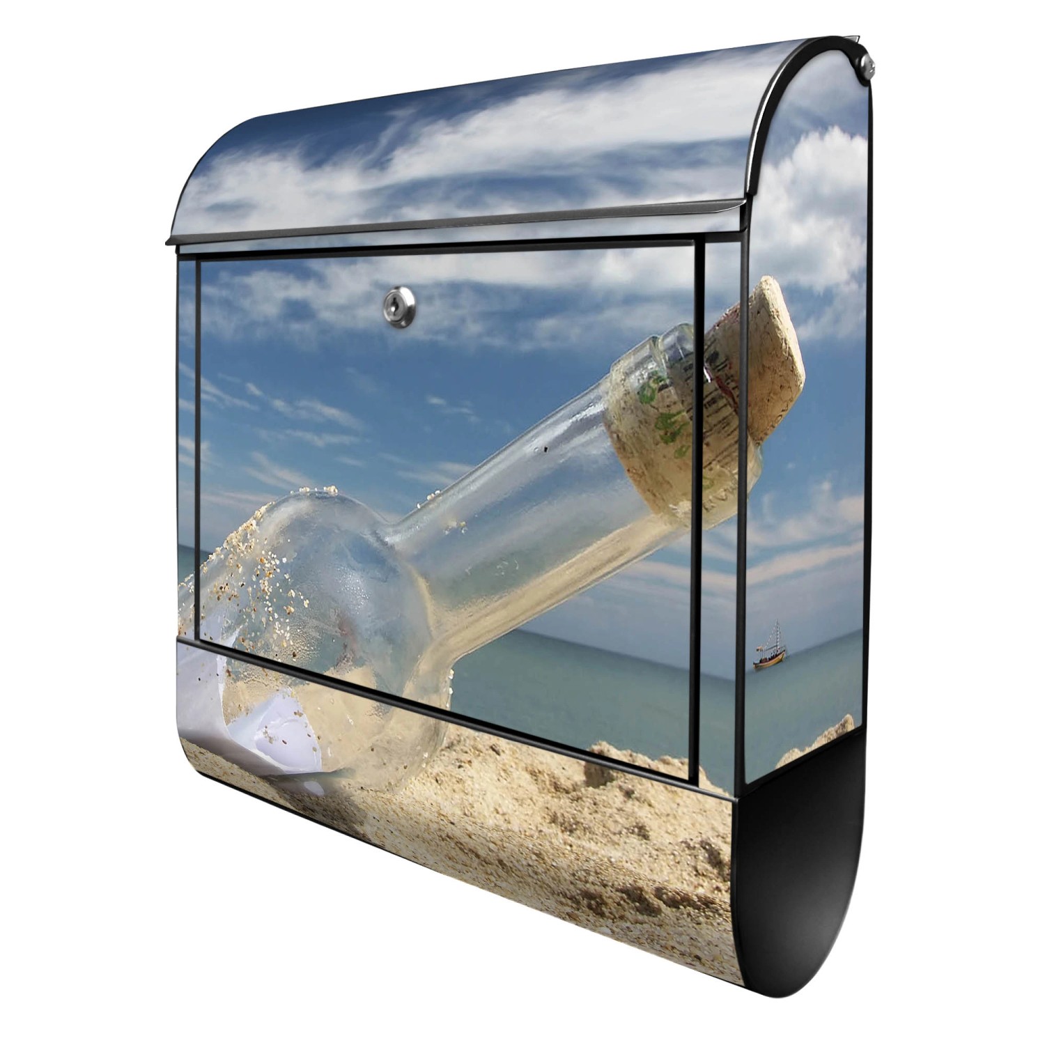 Banjado Design Briefkasten Schwarz Pulverbeschichtet, 39x47x14cm, 2 Schlüssel, Mit Zeitungsfach Motiv Flaschenpost