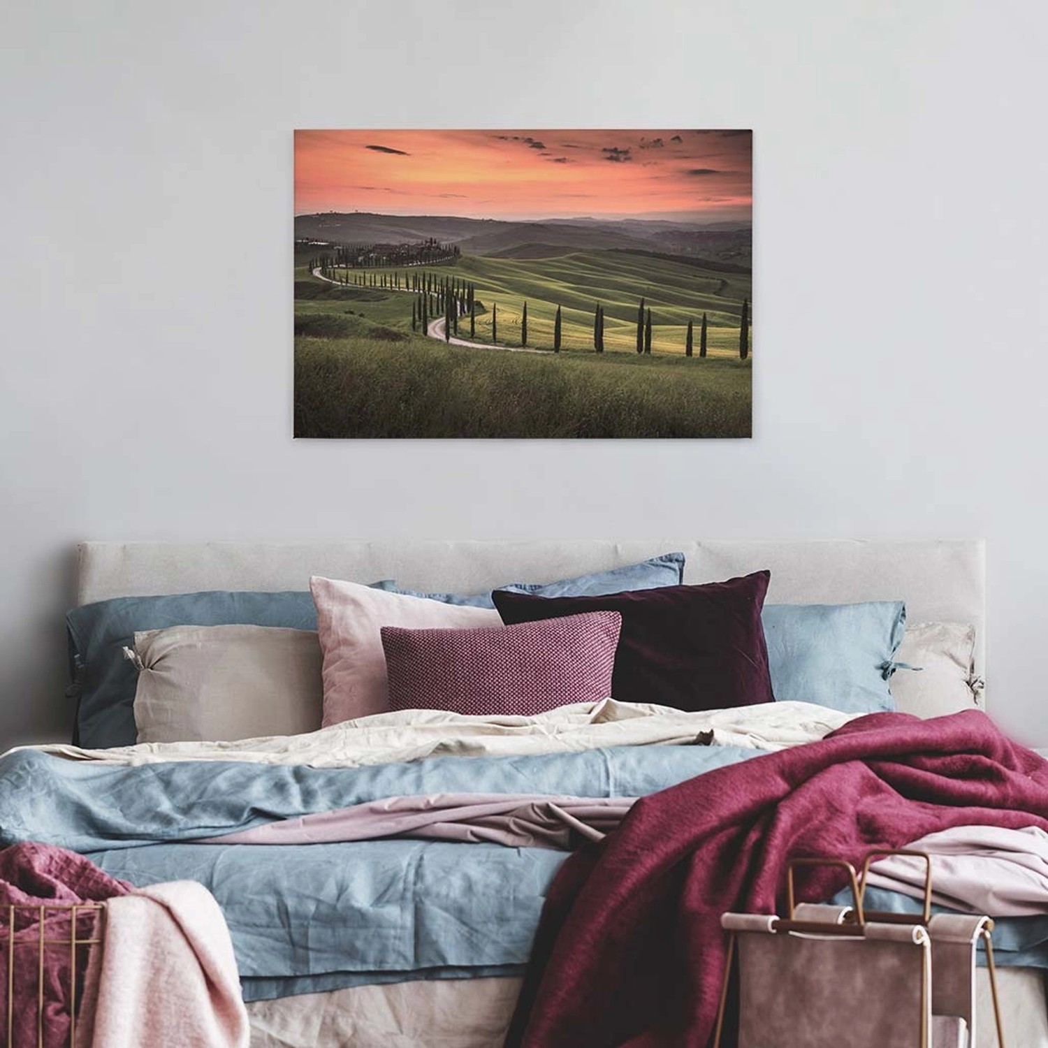 Bricoflor Leinwand Mit Toskana Im Sonnenuntergang Landschaft Wandbild In Grün Und Orange Für Wohnzimmer Mediterranes Leinwandbild Auf Keilrahmen