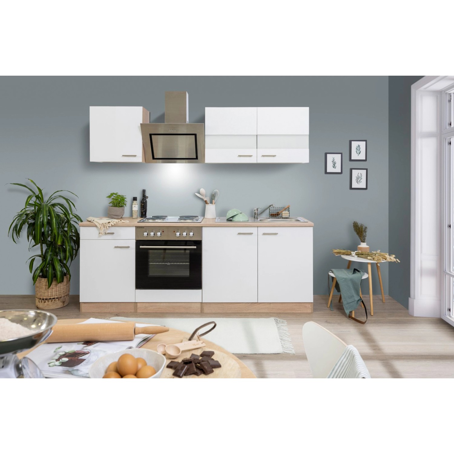 Respekta Economy Küchenzeile KB210ESWS 210 cm Weiß-Eiche Sägerau