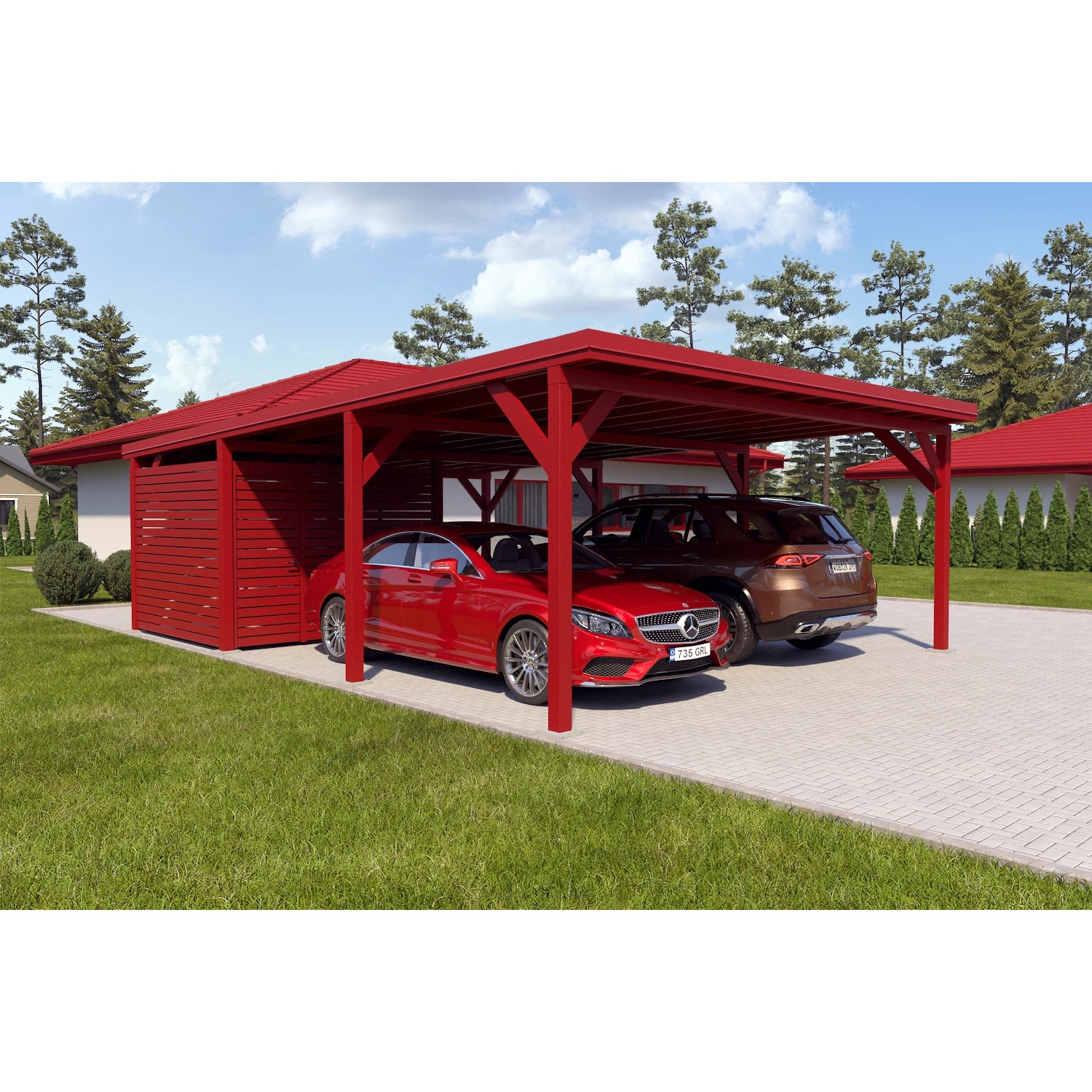 Holzbrüder Carport Ralf 52m² mit kl. Geräteraum Oxidrot-Rot