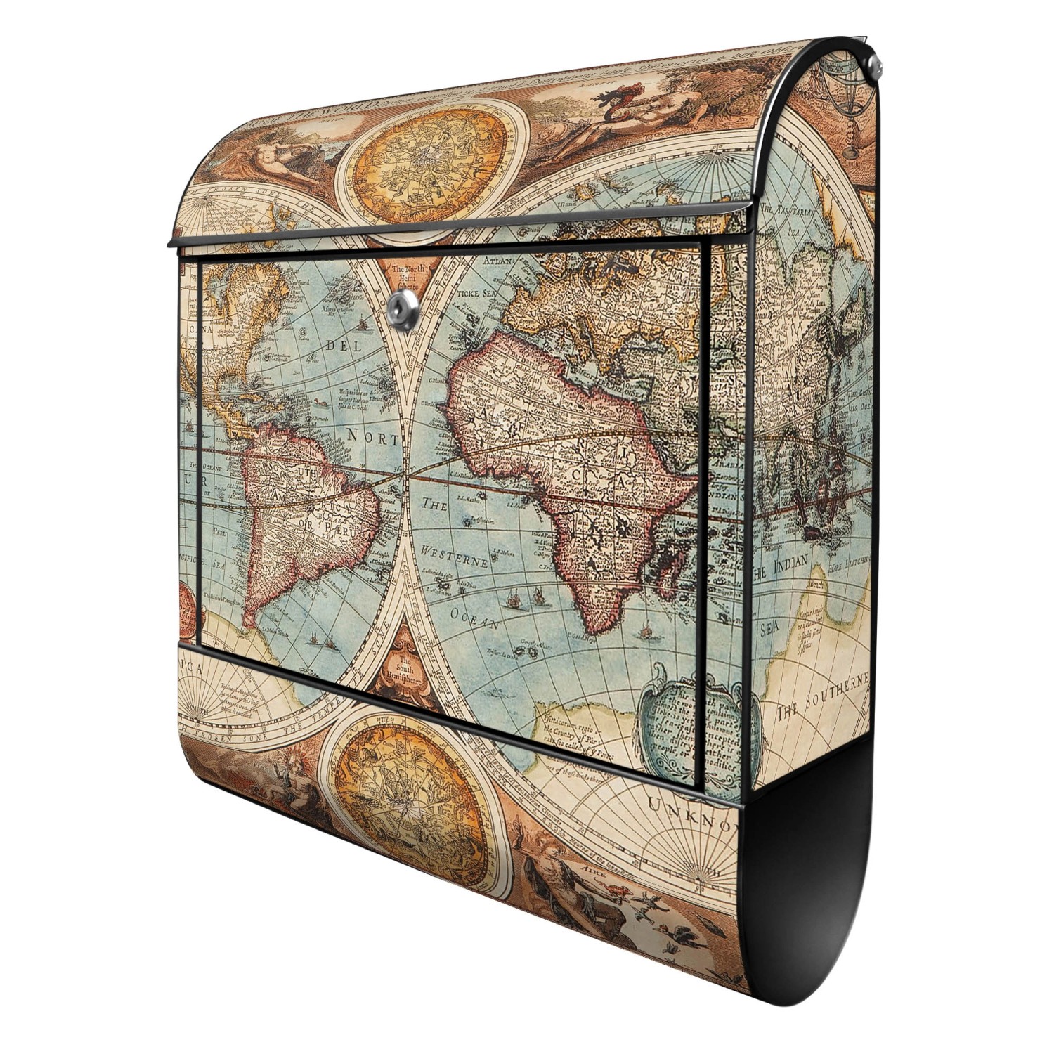 Banjado Design Briefkasten Schwarz Pulverbeschichtet 39x47x14cm 2 Schlüssel Mit Zeitungsfach Motiv Historische Weltkarte