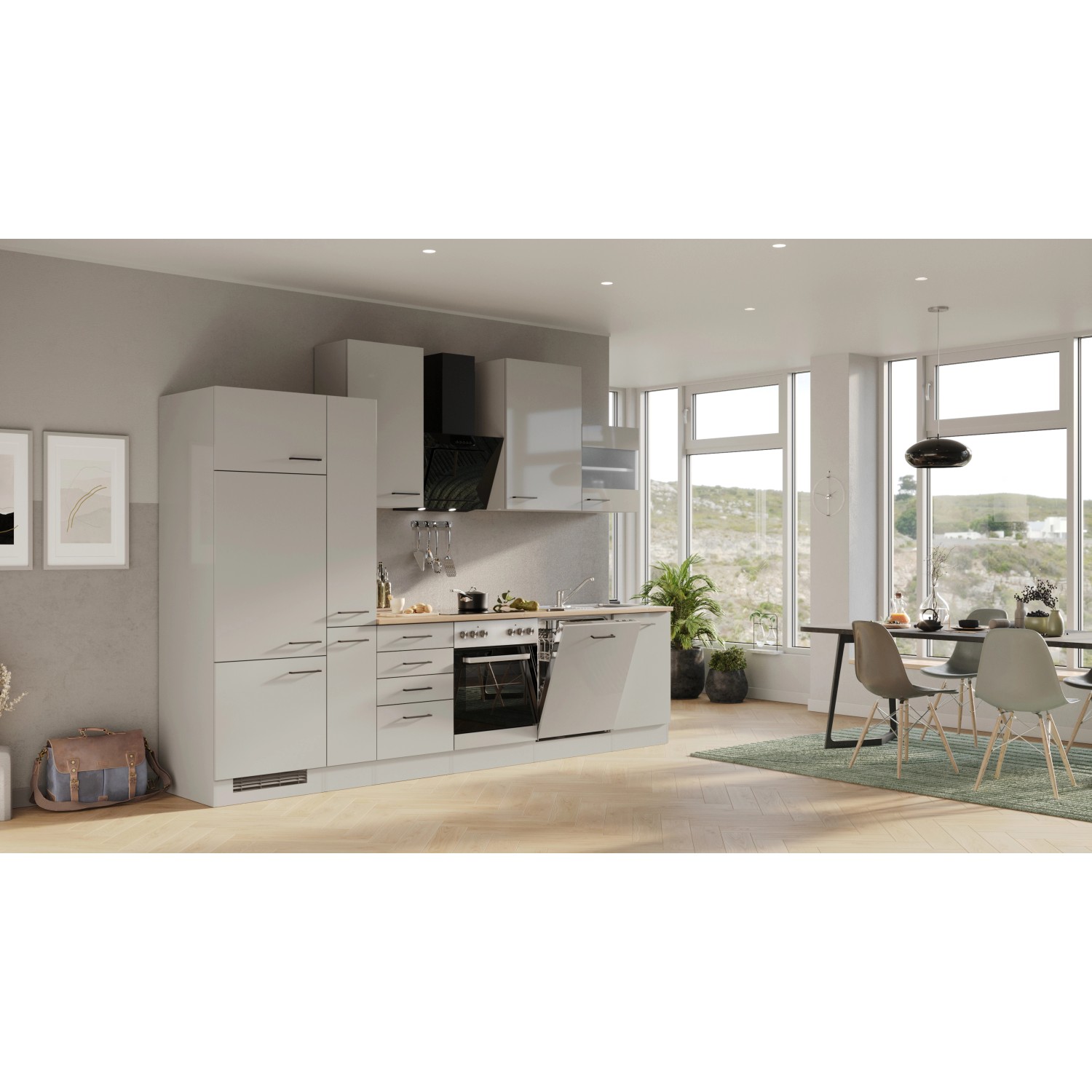 Flex-Well Exclusiv Küchenzeile Lund 310 cm Lichtgrau glänzend-Rauchgrau