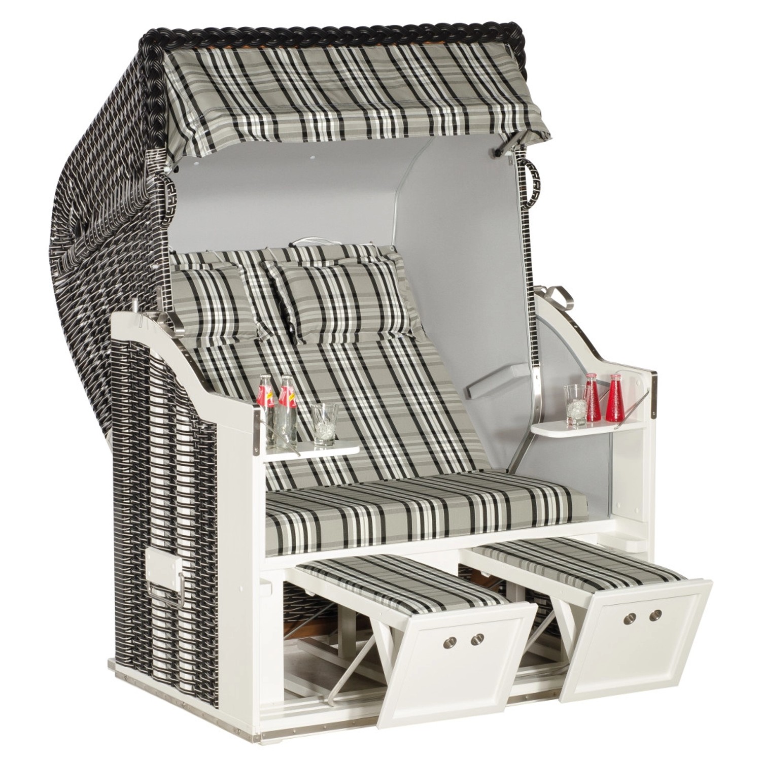 Natur24 Strandkorb Classic Halbliegemodell 2-Sitzer Schwarz / Weiß