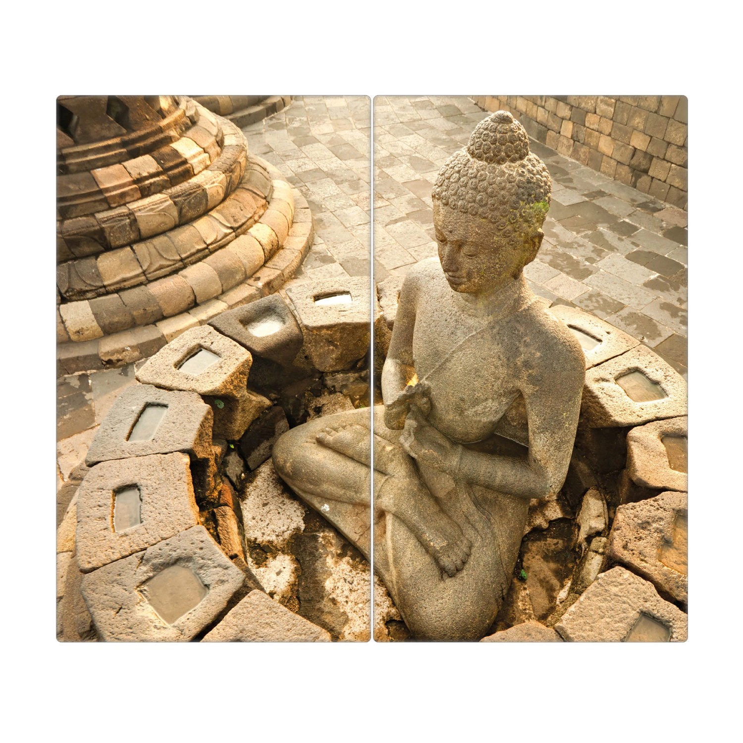 Banjado Herdabdeckplatte Glas 2 Teilig Je 30x52CM Schneidebrett Herdabdeckung Mit Motiv Sitzender Buddha
