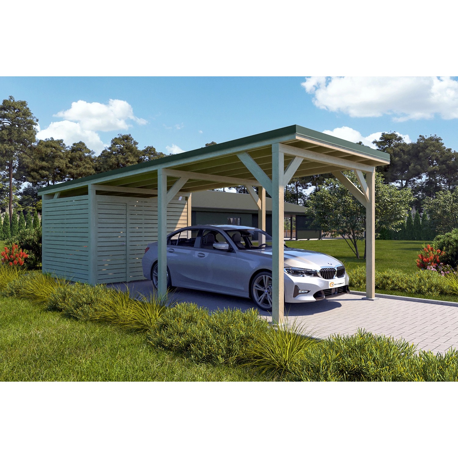 Holzbrüder Carport Ralf 26m² mit Geräteraum Imprägniert-Dornengrün