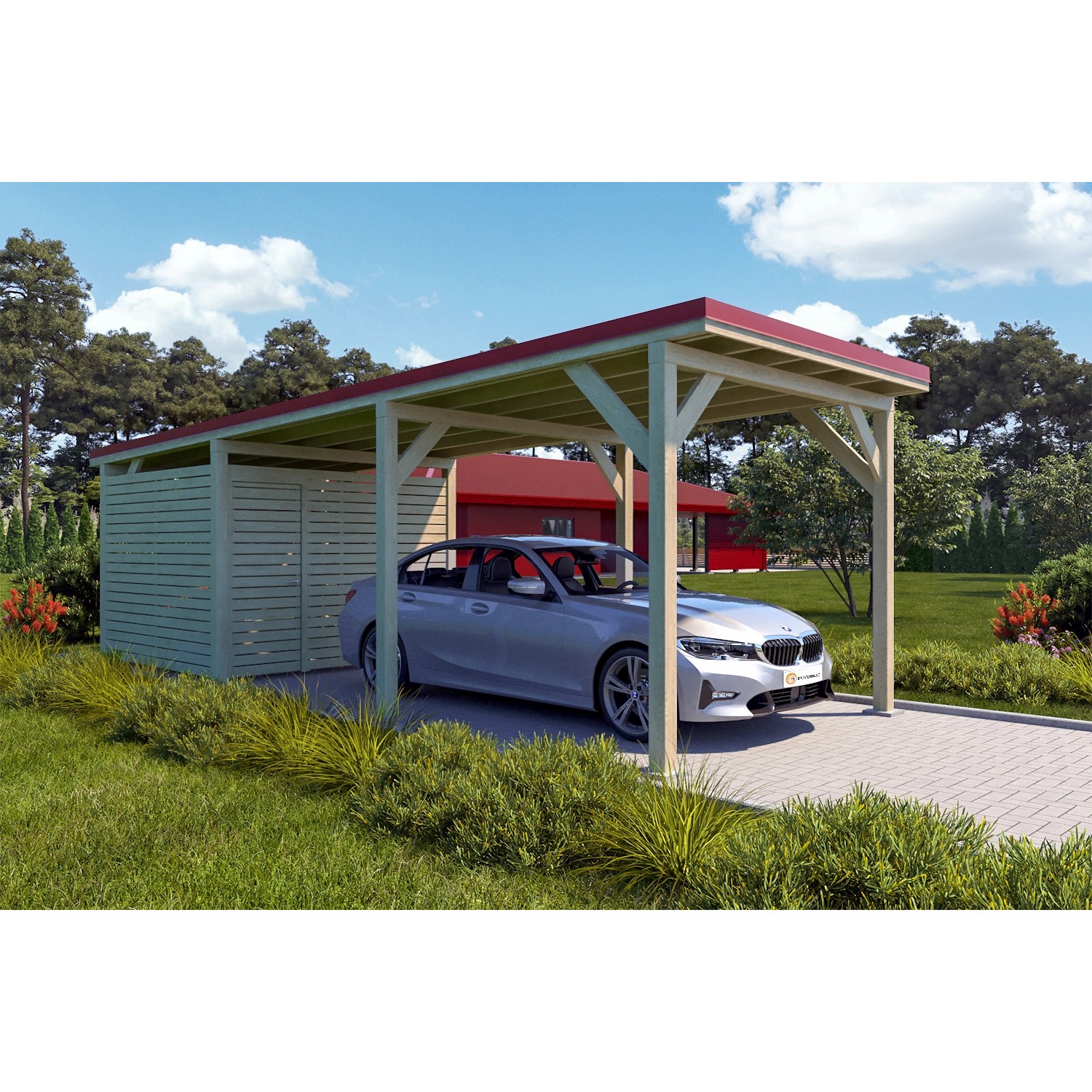 Holzbrüder Carport Ralf 26m² mit Geräteraum Natur-Rot
