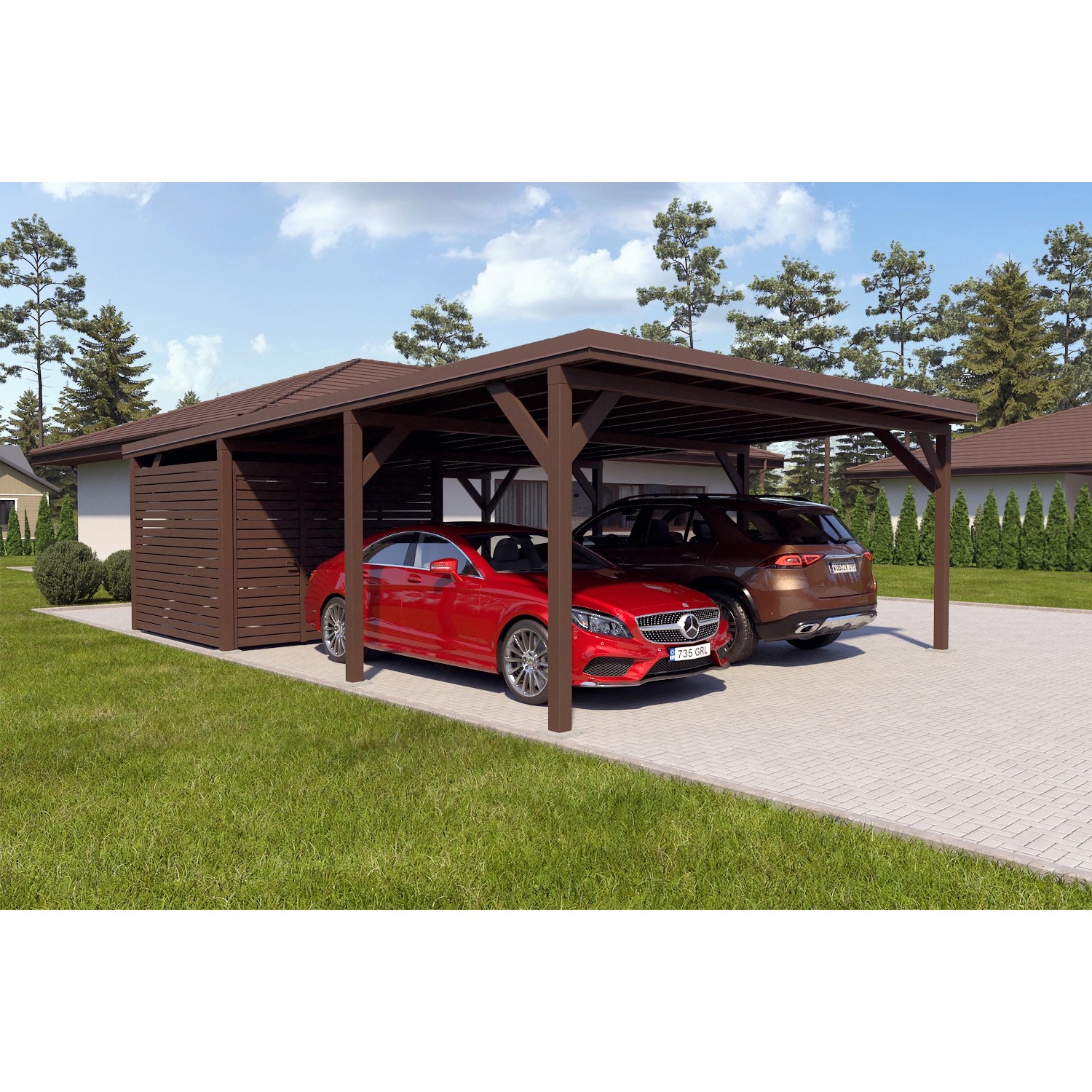 Holzbrüder Carport Ralf 52m² mit kl. Geräteraum Braun-Dunkelbraun