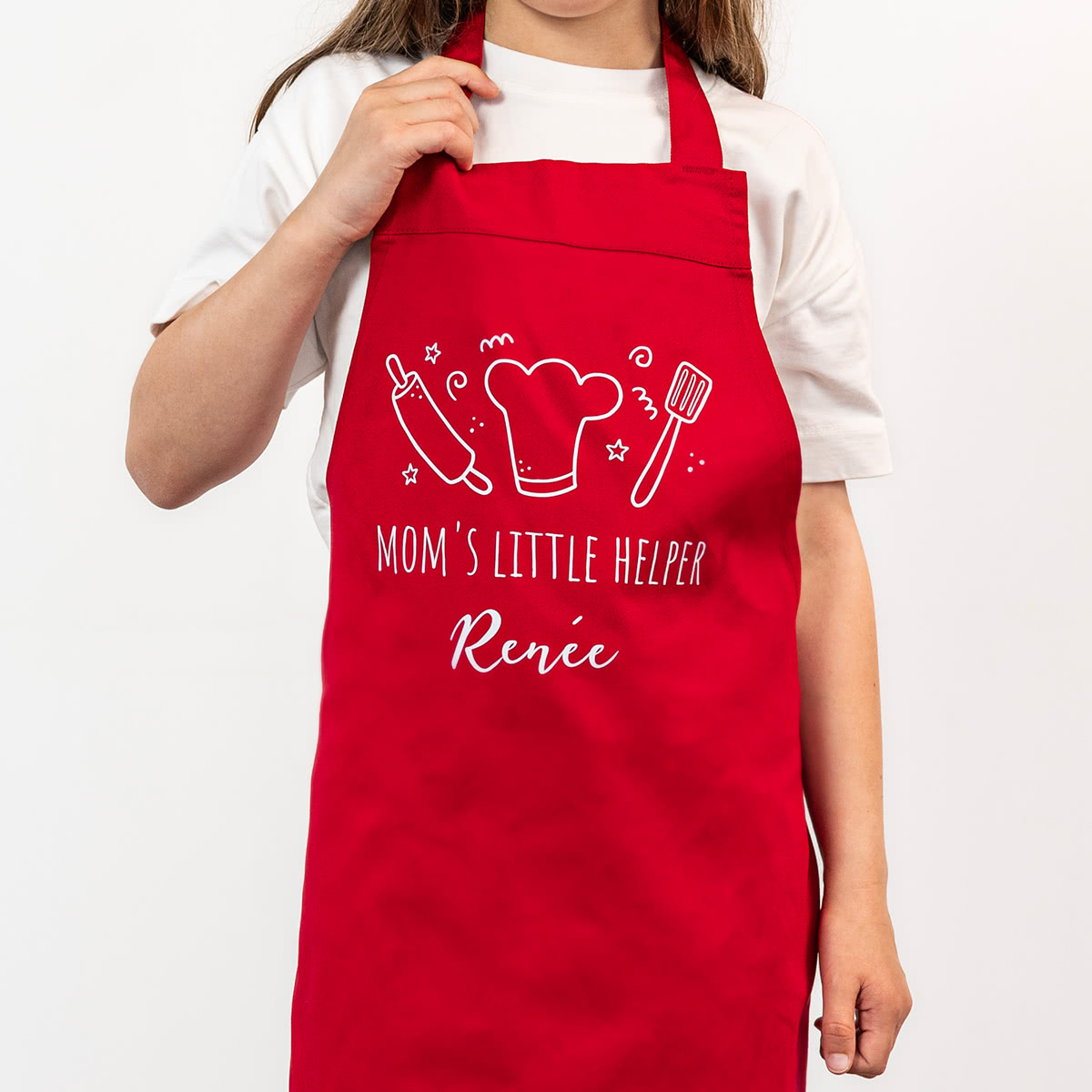 Personalisierte Kinderschürze bedrucken lassen | Farbe Rot | Kochschürze für Kinder mit Foto oder Wunschtext selbst gestalten