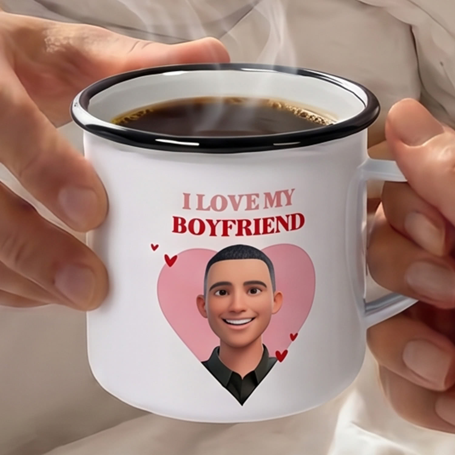 Emaille Tasse in Schwarz personalisiert mit KI-Filter