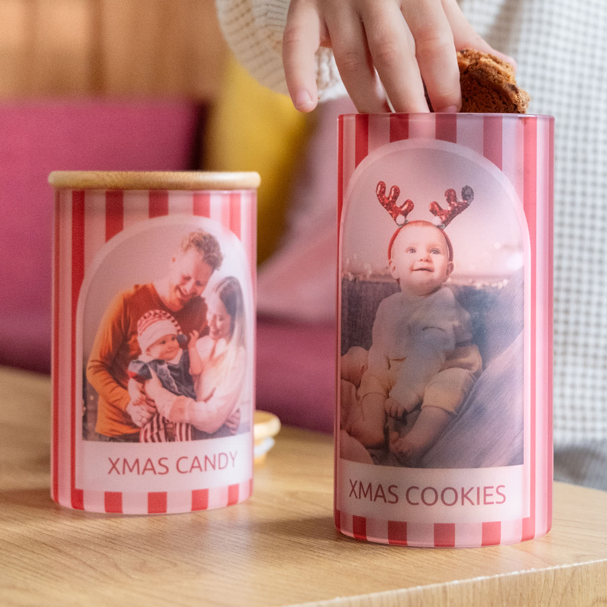 Personalisierte Vorratsgläser mit Deckel | Set à 2 Stk. | Kleines und mittelgrosses Milchglas mit Foto u. luftdichtem Holzdeckel