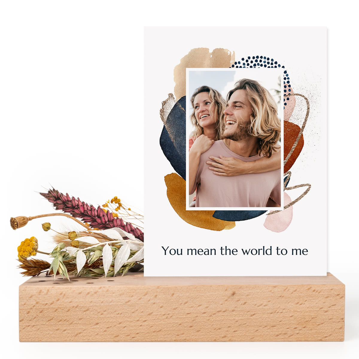 Forex-Karten personalisiert im Holzaufsteller & Trockenblumen