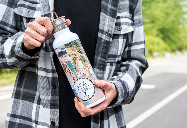 Personalisierte Trinkflasche mit Bambusdeckel (750 ml, Weiss)
