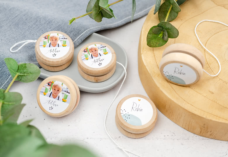 Holz Jojo Set personalisiert mit Fotostickern - 12 Stk.