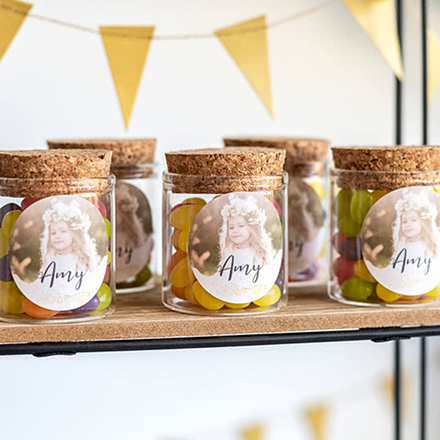 Mini-Glas personalisiert mit rundem Sticker - 12 Stk.