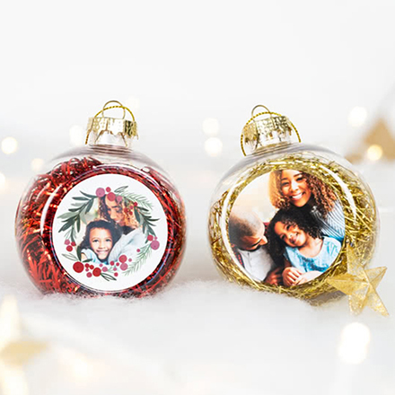 Set Weihnachtskugeln personalisiert mit Foto - 2 Stk. (Transparent, Lametta Gold)