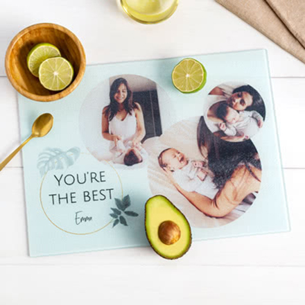 Schneidebrett mit Foto personalisiert aus Glas | ca. 39 x 28 cm | Druck selbst gestalten | Milchglas | Rechteckiges Hartglas mit Antirutsch-Füssen