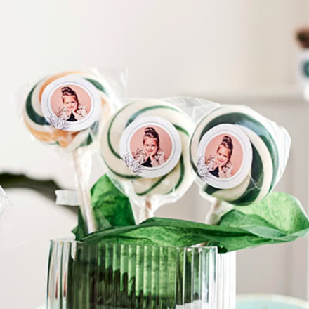 Rosa Lutscher mit Fotoaufkleber personalisiert - 12 stk zum Geburtstag