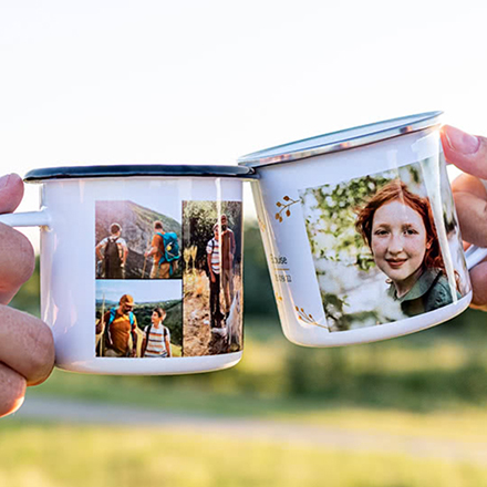 Emaille Tasse personalisiert mit Foto o. Text (Weiss-metallic, 350 ml)