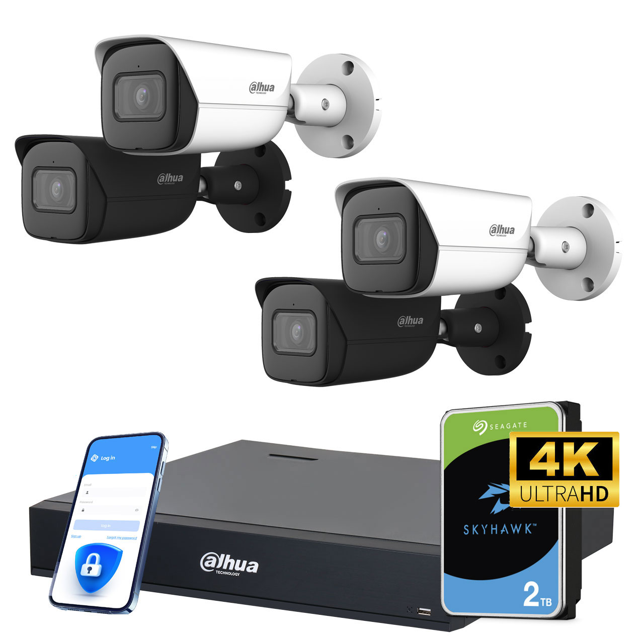 4K-Kamera Set mit Recorder und Festplatte, 4 x Profi Ultra HD Kameras, 30m Infrarot für beste Nachtsicht im Außenbereich und Smartphone App