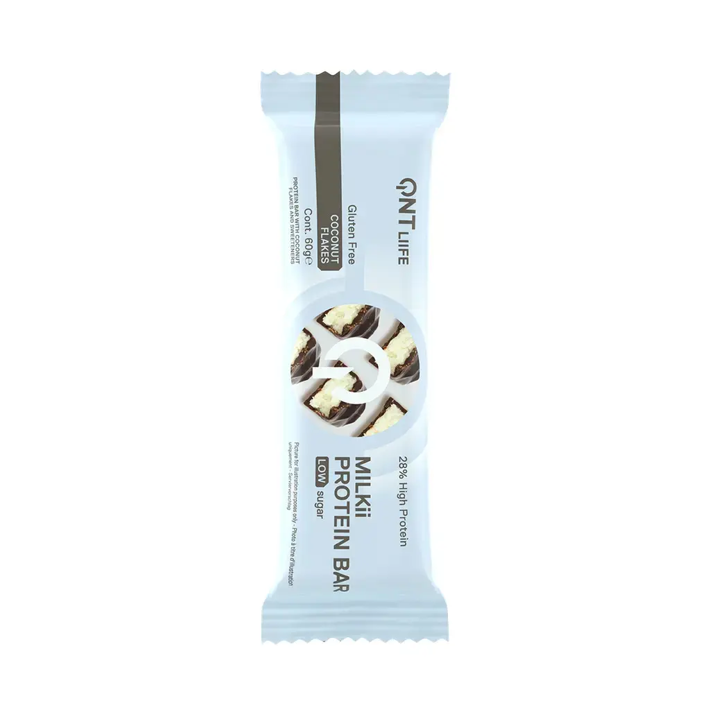 Protein-Nahrung Kokosnussflocken QNT Liife Milkii Protein Bar Low sugar