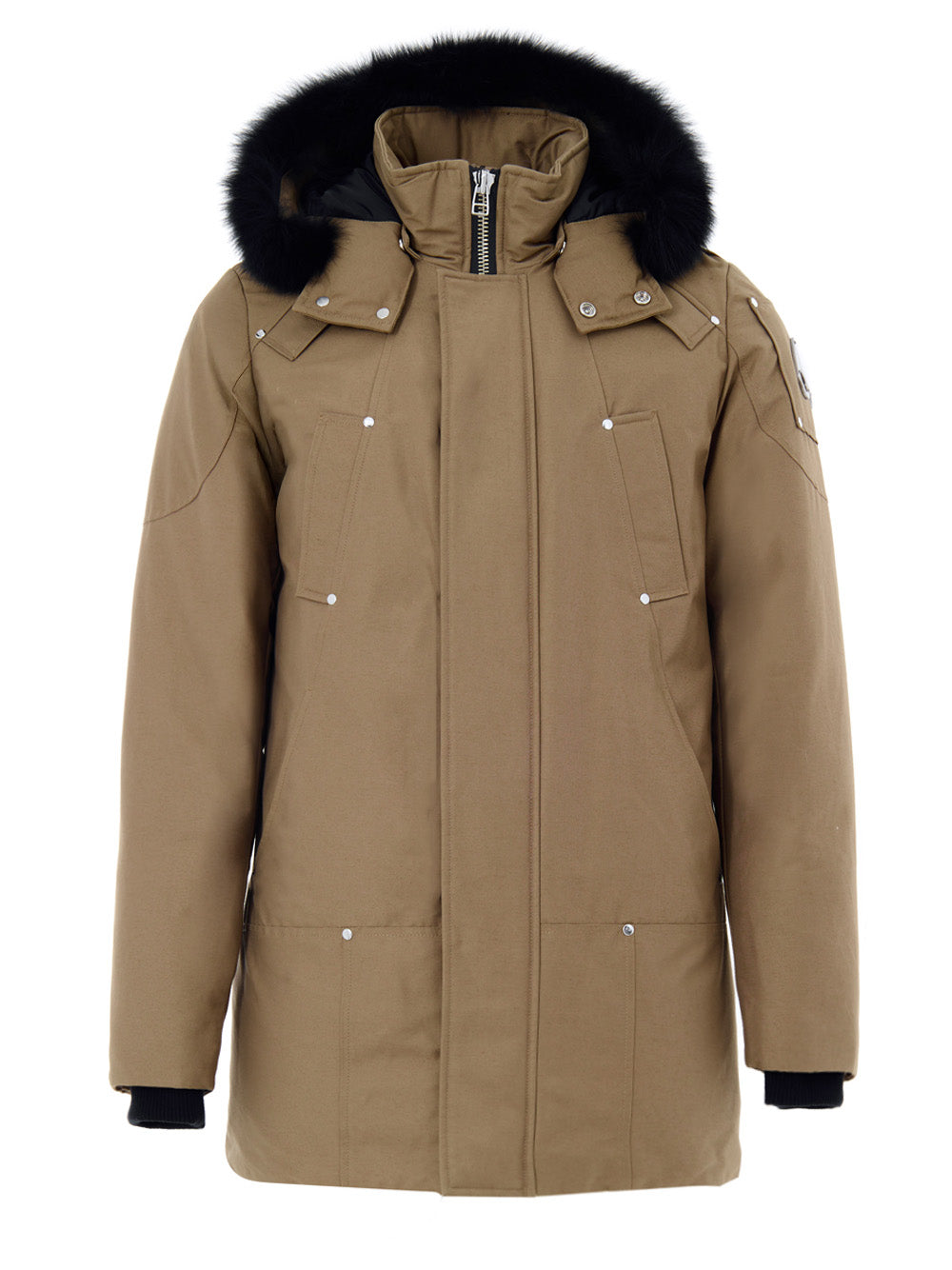 Beige lange Jacke aus Stoff mit Kapuze und Pelz Moose Knuckles