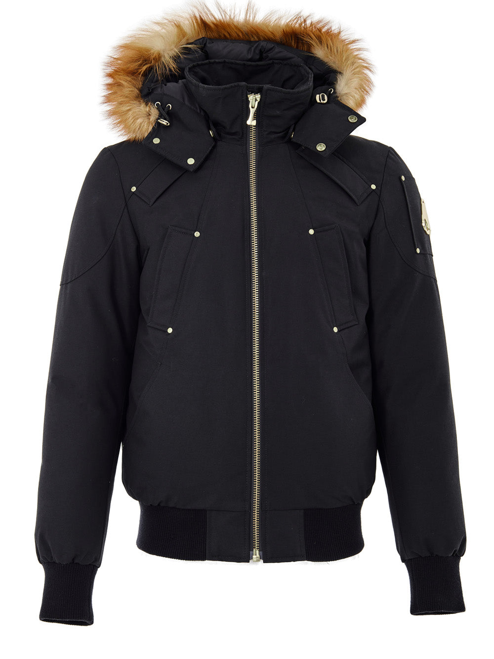 Schwarze Bomberjacke mit Kapuze und Haut Moose Knuckles
