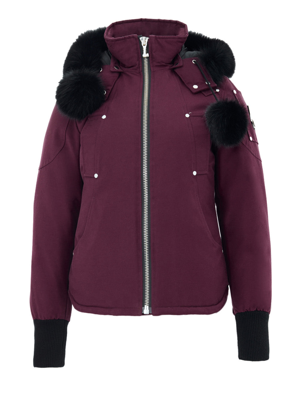 Kurze Jacke in Bordeaux Stoff mit Pompom Moose Knuckles