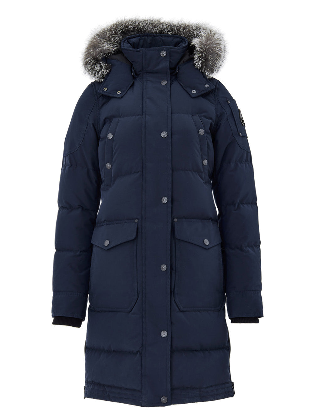 Jacke Blau Lang gepolstert mit Kapuze und Pelz Moose Knuckles