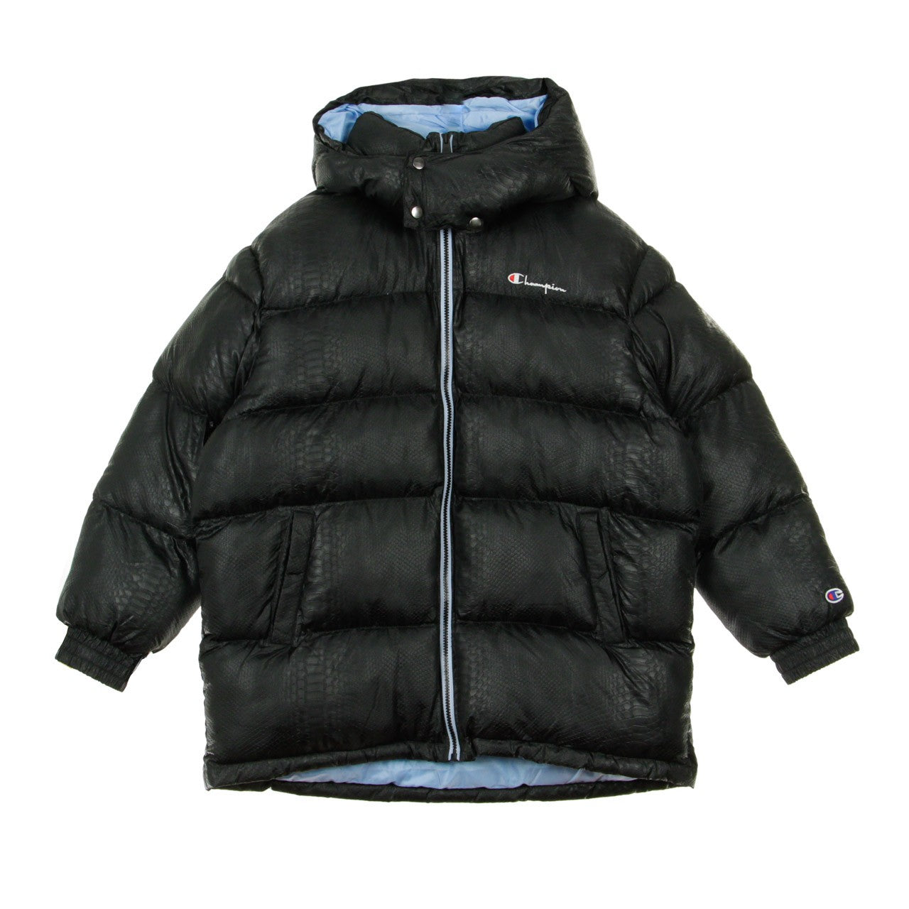 Lange Damenjacke Schwarz/Azurblaue Daunenjacke