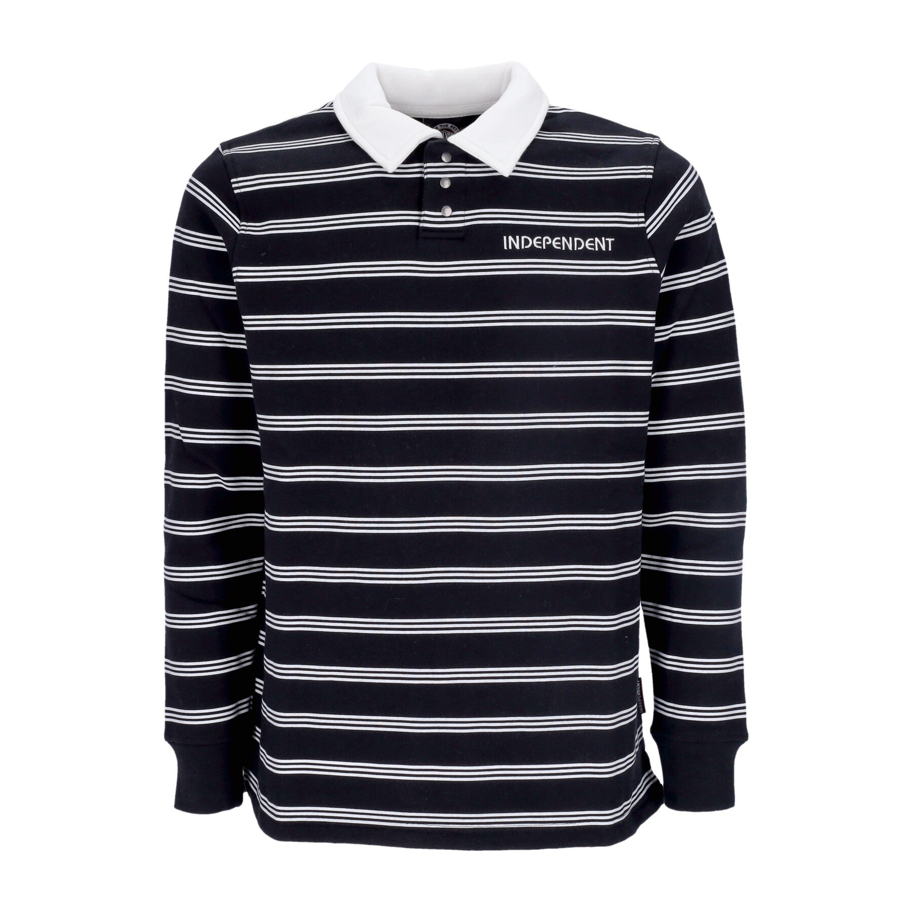 Bauhaus Stripe Herren-Langarm-Poloshirt mit Rundhalsausschnitt, schwarz gestreift