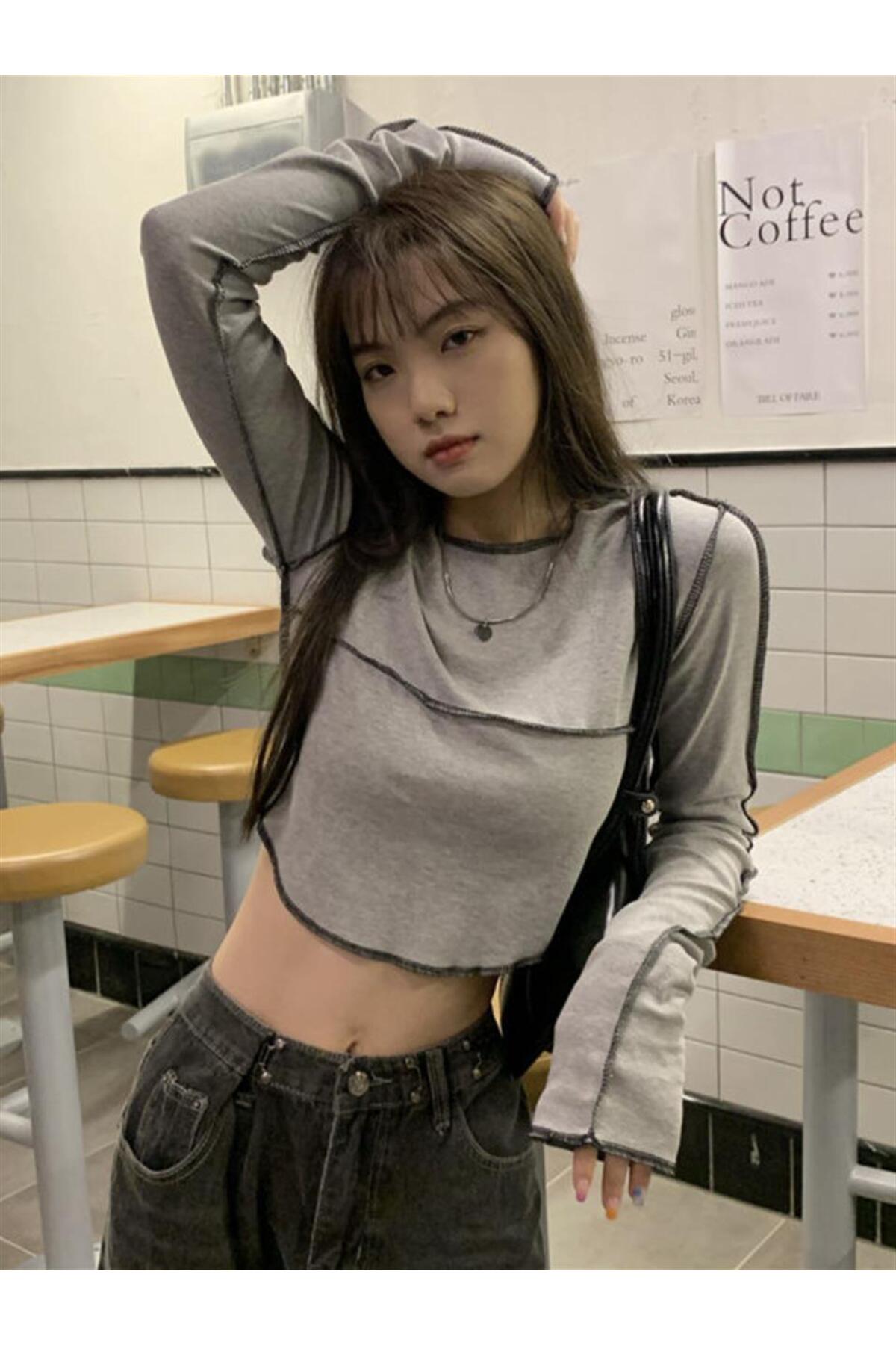 Touz Y2k Streetwear Langarm-crop In Grau Mit Rückstich-detail für Damen - S/M