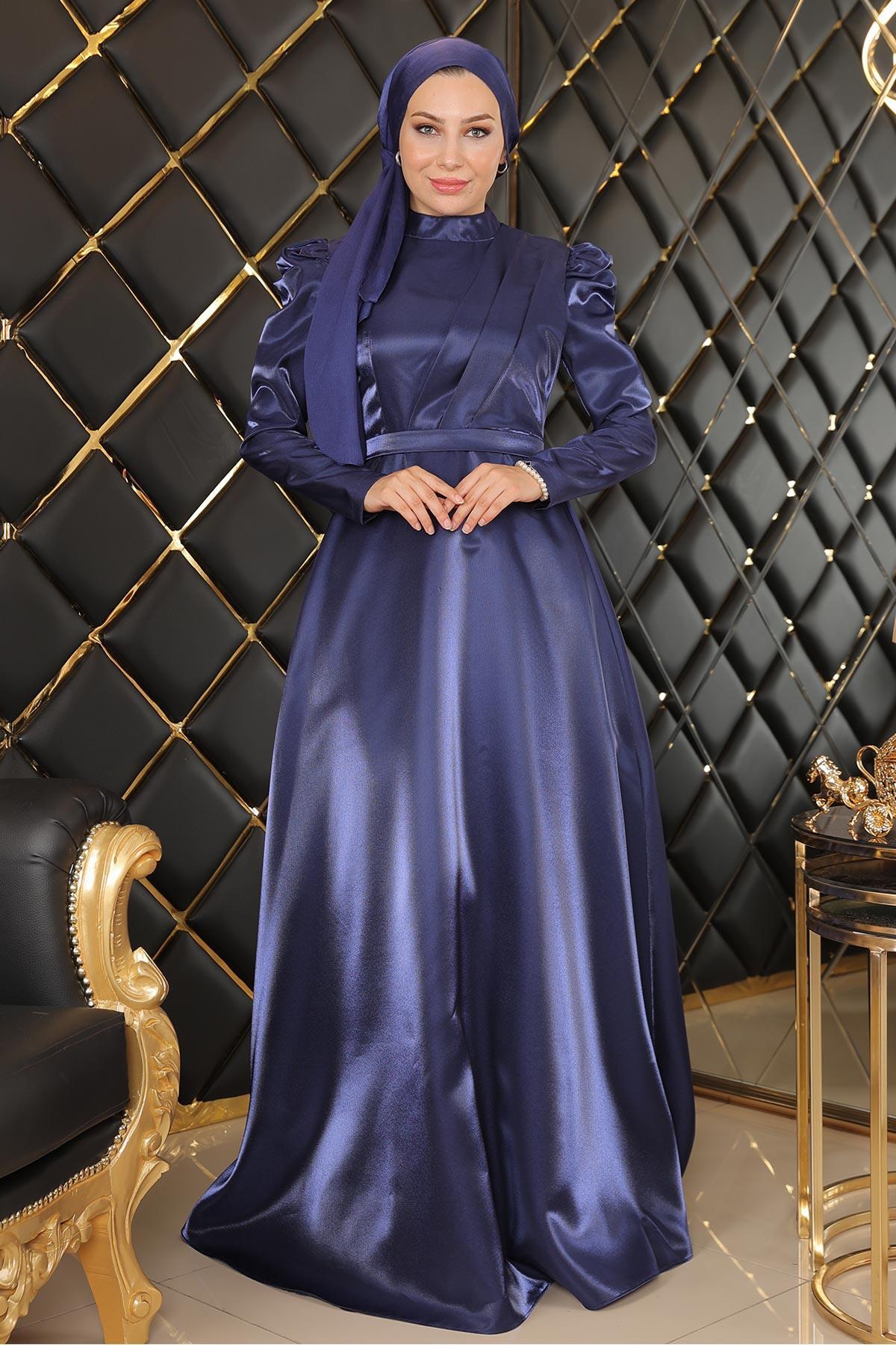 Modamihram Abendkleid Mit Drapierter Brust, Indigo für Damen - 40