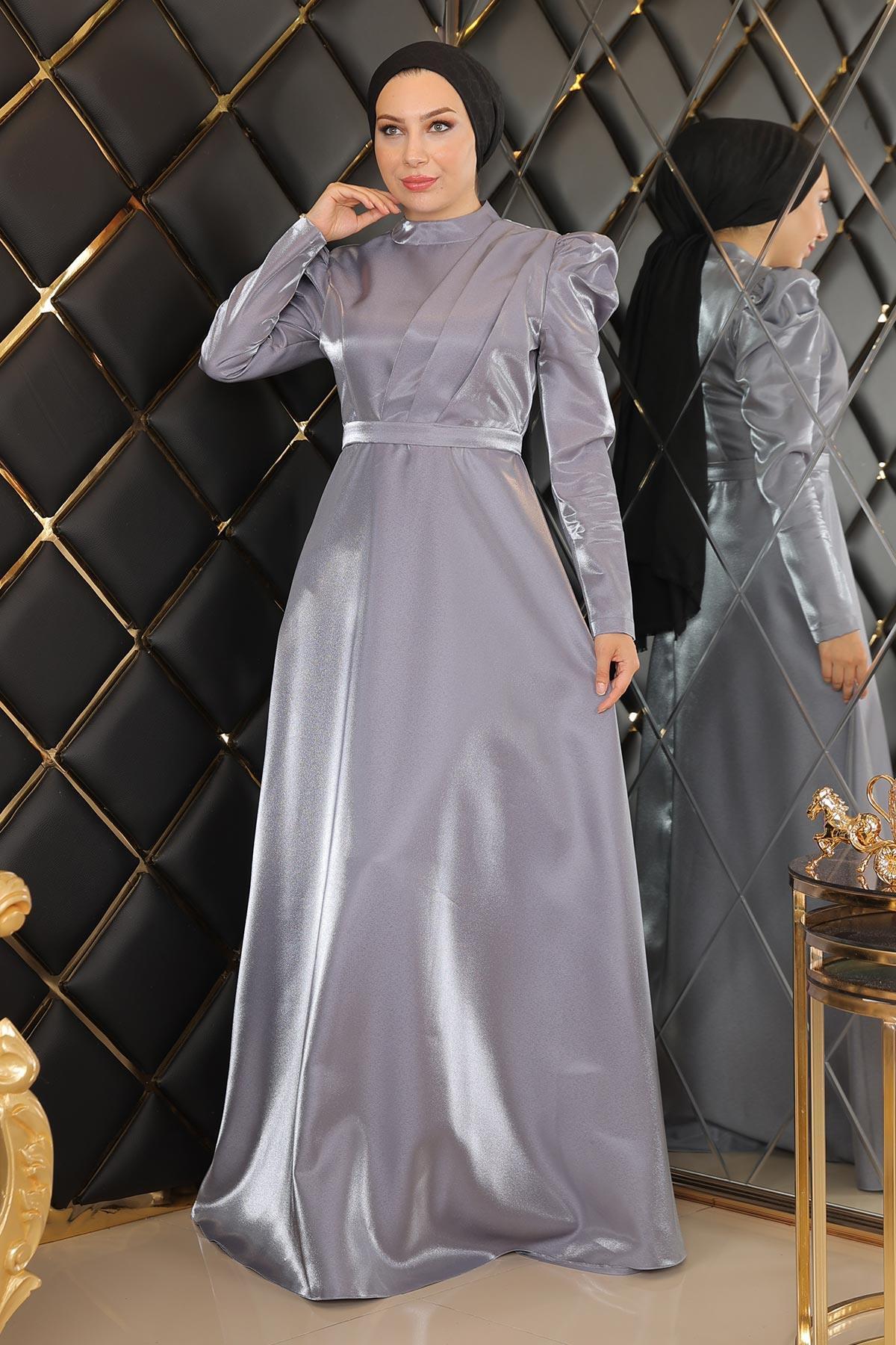 Modamihram Abendkleid Mit Drapierter Brust, Grau für Damen - 40